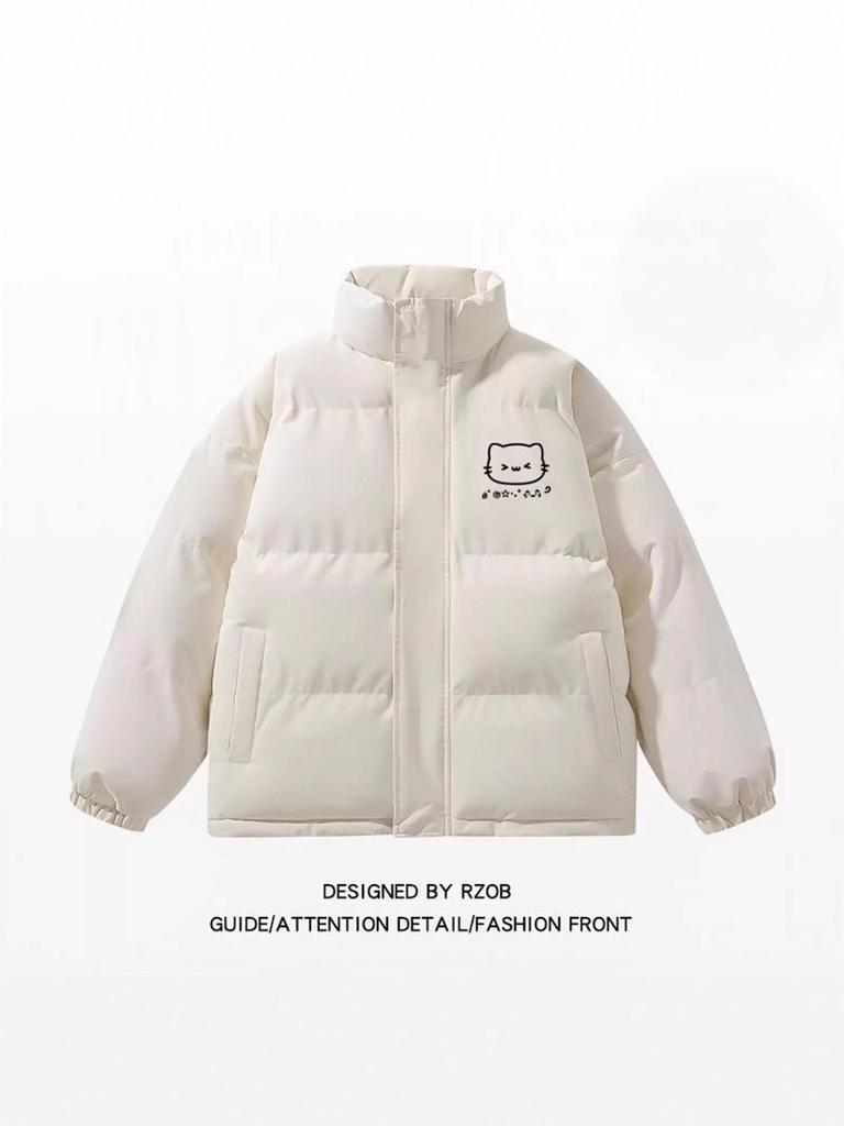 Unisex Black Cotton Jacket - Winter Korean Style Short, Thick, Stand Collar