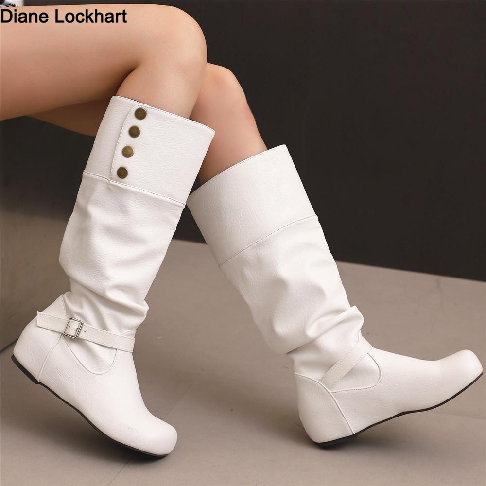 Women'S White Pu Leather Knee High Boots Pleated Tall Design Internal Height Buckle Long Footwear For Autumn Winter Size 34-50