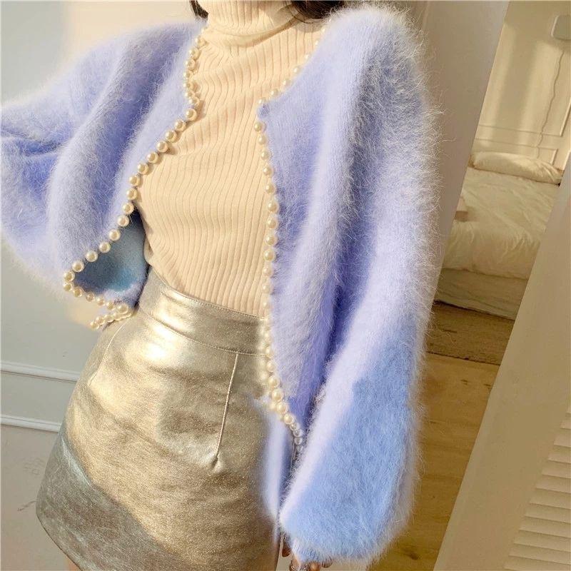 Herbst Winter Mode Damen Perlenstrick Laternenärmel Nerzfleece Pullover Cardigan Jacke Damen Oberbekleidung