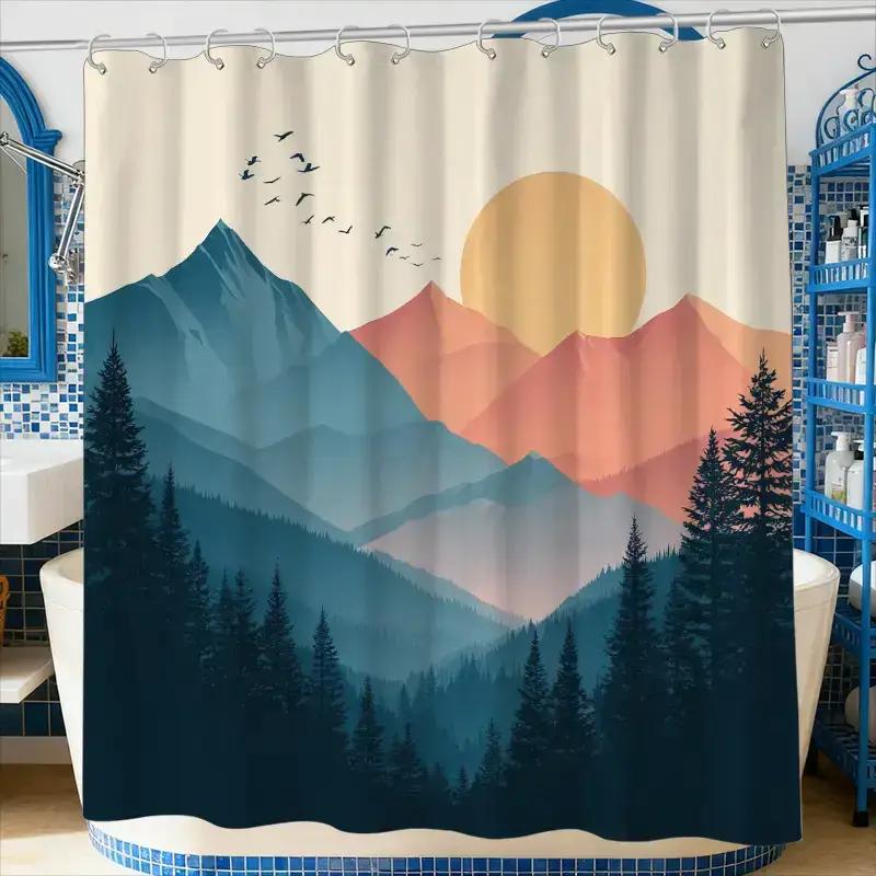 A Bathroom Shower Curtain Featuring A Sunrise View From A Mountain Top, Includes 12 Hooks, Measuring 70.87*70.87Inch, Perfect Fo