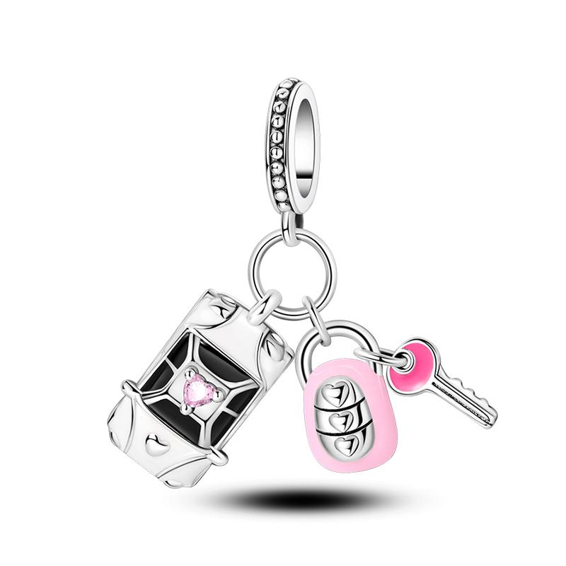 Copper Red Car Motorcycle Locomotive Bicycle Pink Car Keys Charms Pendents Fit Original Pandach Bracelet Charms Diy Jewelry