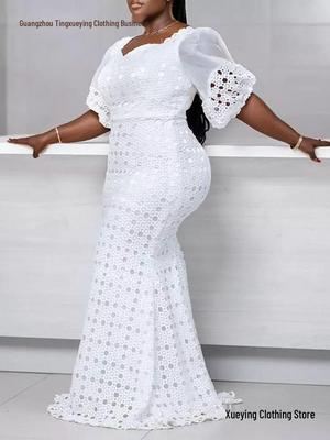 Women's Spring Puff Sleeve Bodycon Jumpsuit Dress with Hollow Out Design