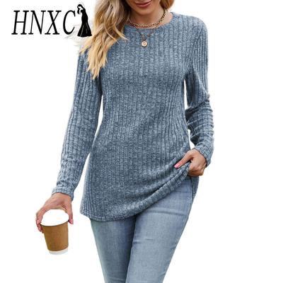 Damenmode, lässig, Herbst und Winter, einfarbig, langärmelig, O-Ausschnitt, Blusen und Hemden