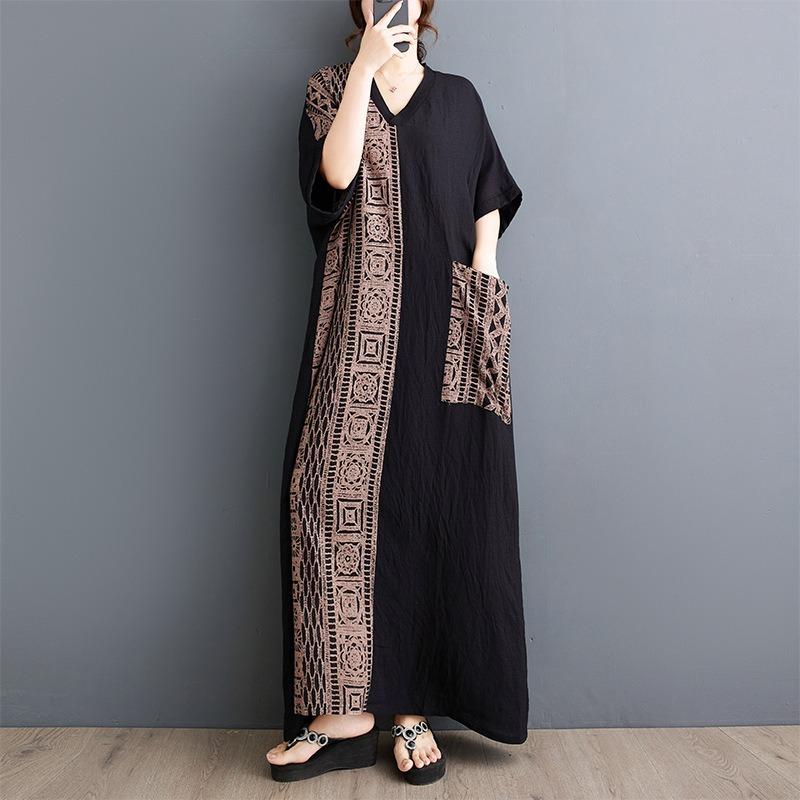 Skutečné léto Nové literární Velká velikost Volné s potiskem Výstřih do V Krátký rukáv Dámské dlouhé šaty