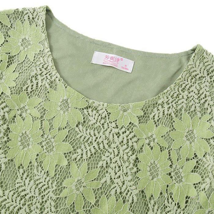 Lace Shirt Top Women's Three-quarter Sleeve Summer Hollow Large Size Mid Length Lace Blouse Solid Color Mesh Top