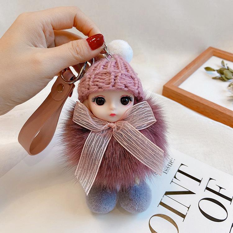 Pompom Sleeping Doll Keychain Cute Fluffy Plush Doll Keychains Women Girl Bags Keyrings Cars Key Ring Gift Charming Decoration