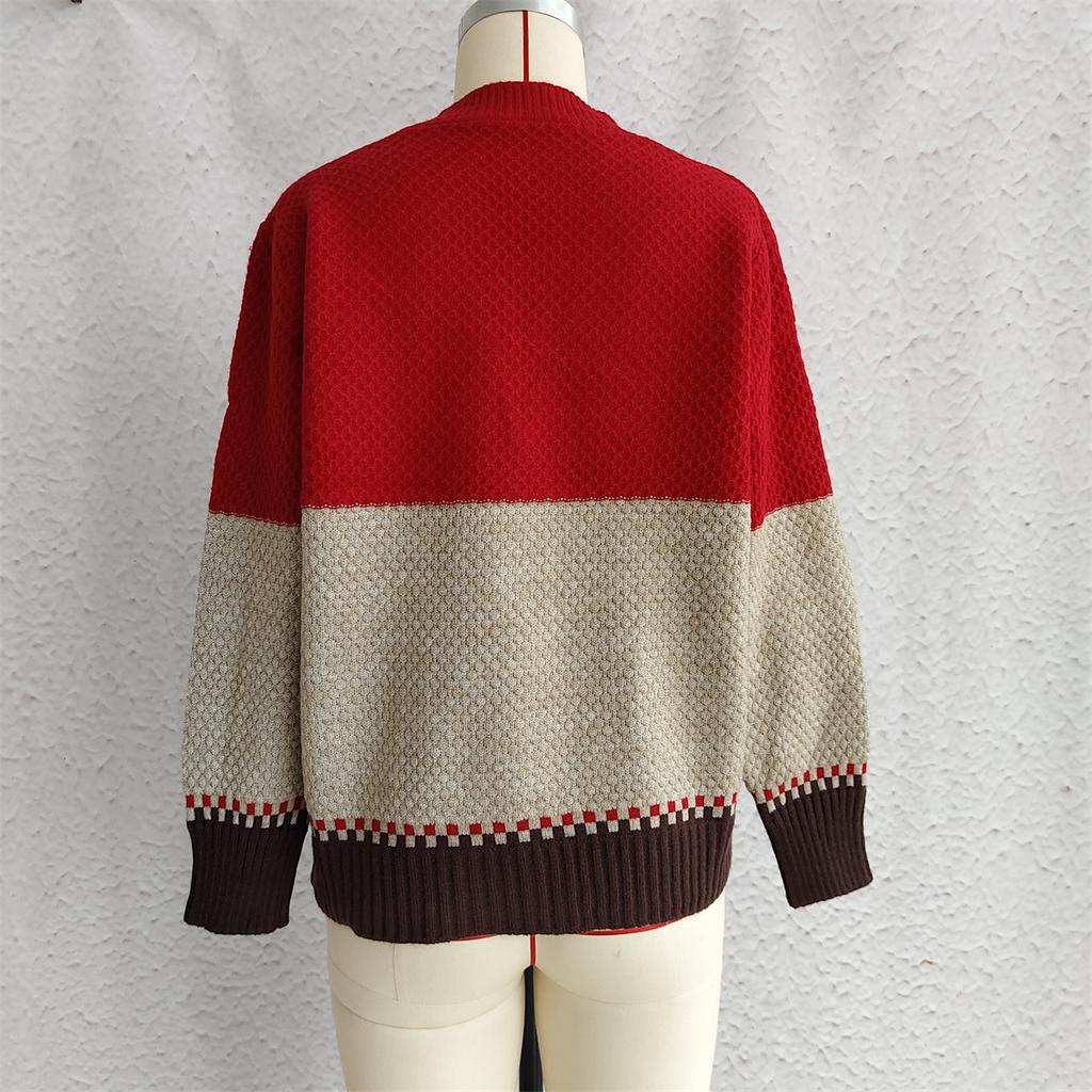 New Knitted Cardigan Autumn Edition Color Blocked Women's Sweater Jacket, Loose Casual Top for Outer Wear 3522