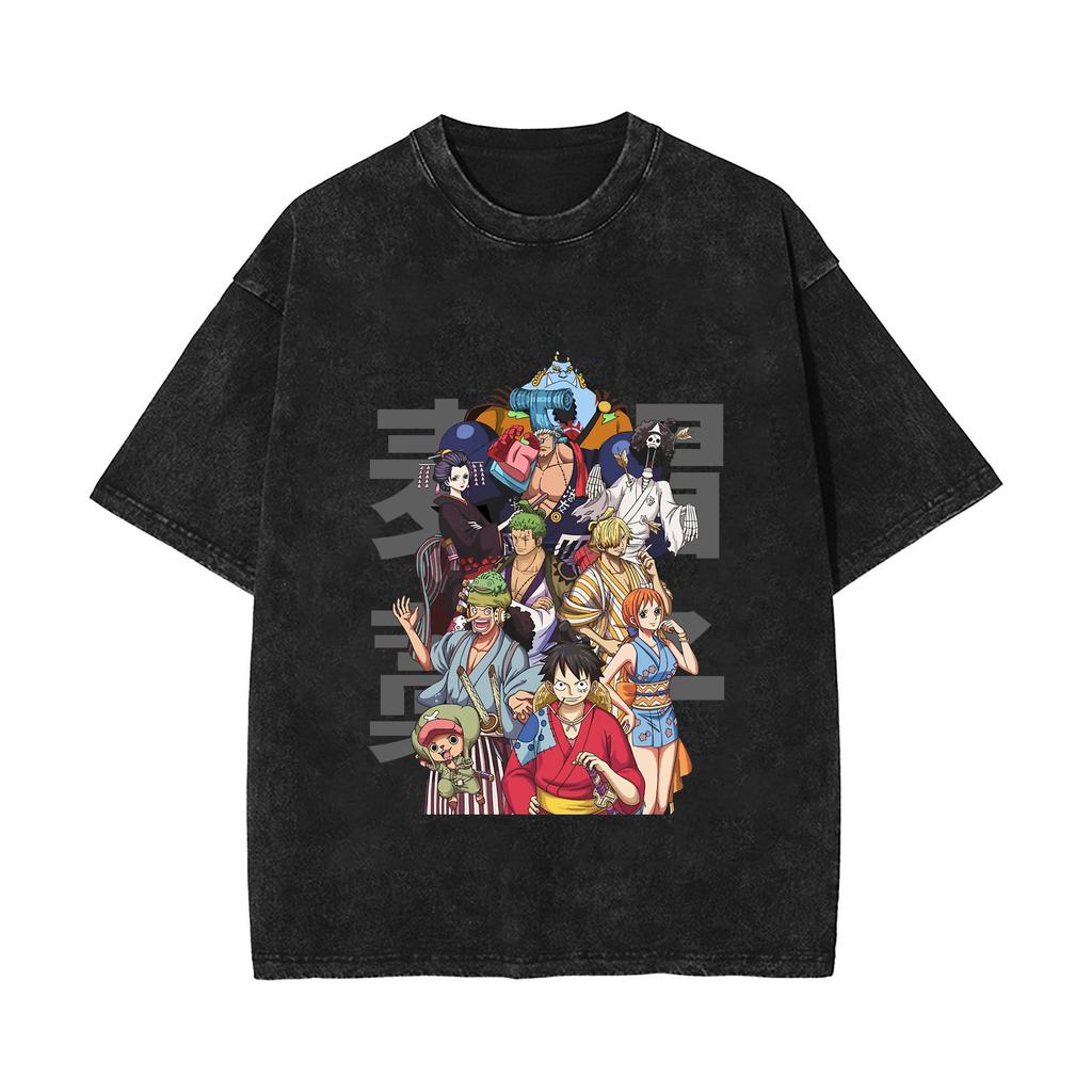 One Piece Luffy Kidd Law Printed Tshirt Mens and Womens Washed Tshirt High Quality Vintage Cotton Tshirt Harajuku Tops