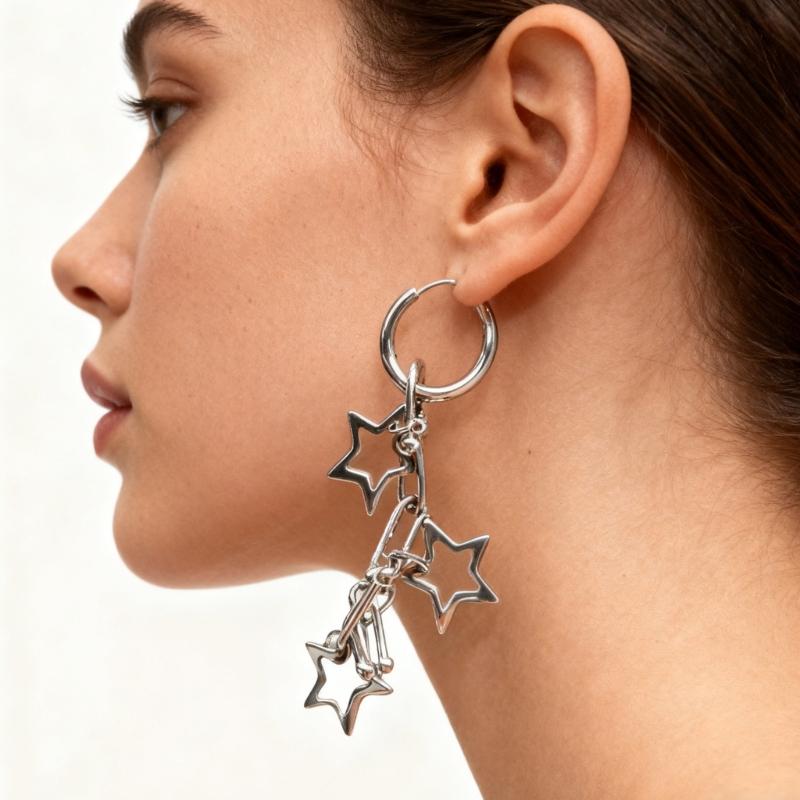 Cool Minimalists Styles Star Shaped Punk Earrings Crafted from Steel Sturdy Hoops