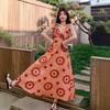 French Retro Style Orange V-neck Printed Suspender Dress for Women's Summer New Vacation Super Good-looking Temperament A-shaped Long Dress