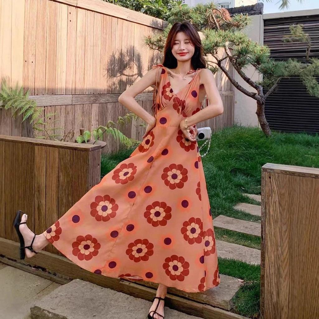 French Retro Style Orange V-neck Printed Suspender Dress for Women's Summer New Vacation Super Good-looking Temperament A-shaped Long Dress