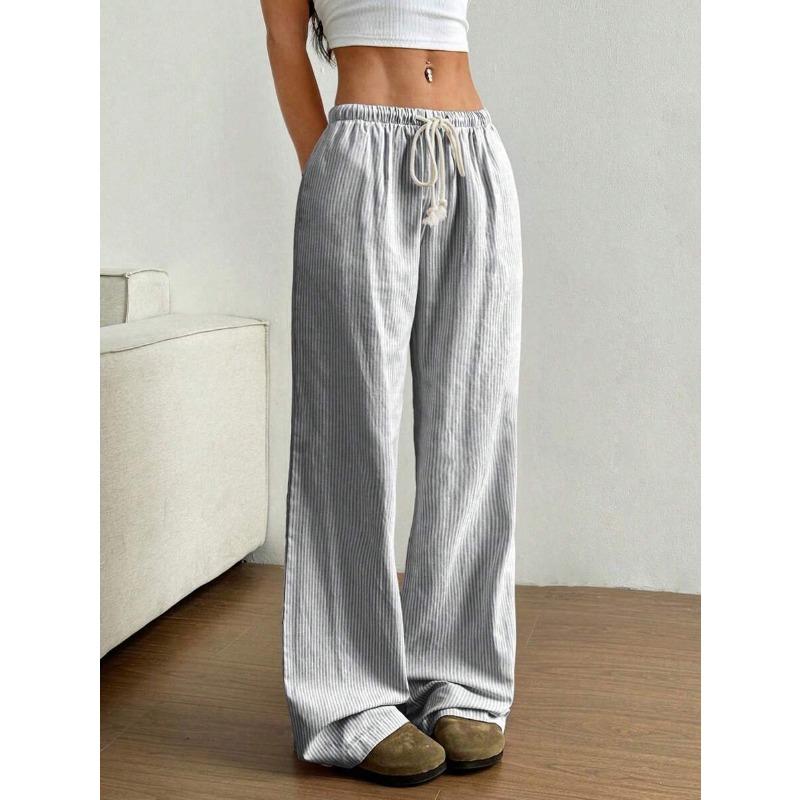 Damen Elastische Taille Gestreifte Weite Hosen Kordelzug Lässige Sommerhosen