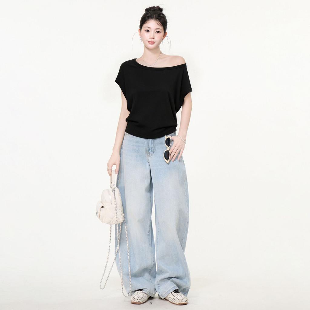 Solid color simple casual slanted shoulder off-the-shoulder short-sleeved T-shirt women's summer basic loose and thin pullover