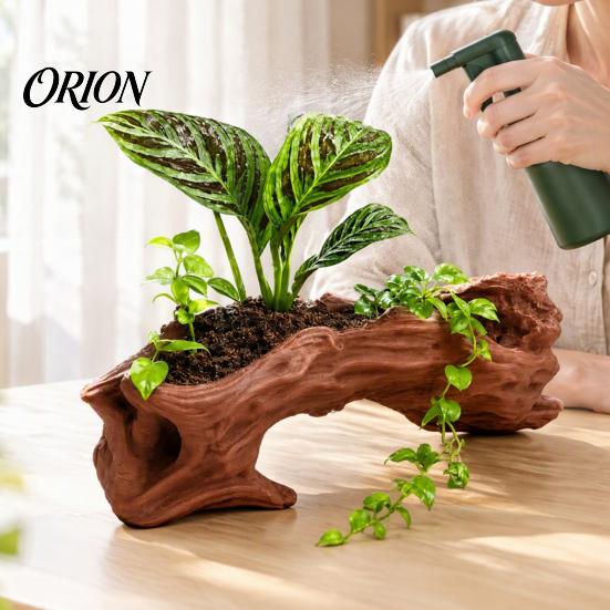 Small Desktop Greenery Pot Imitation Dead Wood Flowerpot, Retro Artistic Planter with Long Trough, Weathered Log Style Flowerpot Stable Base