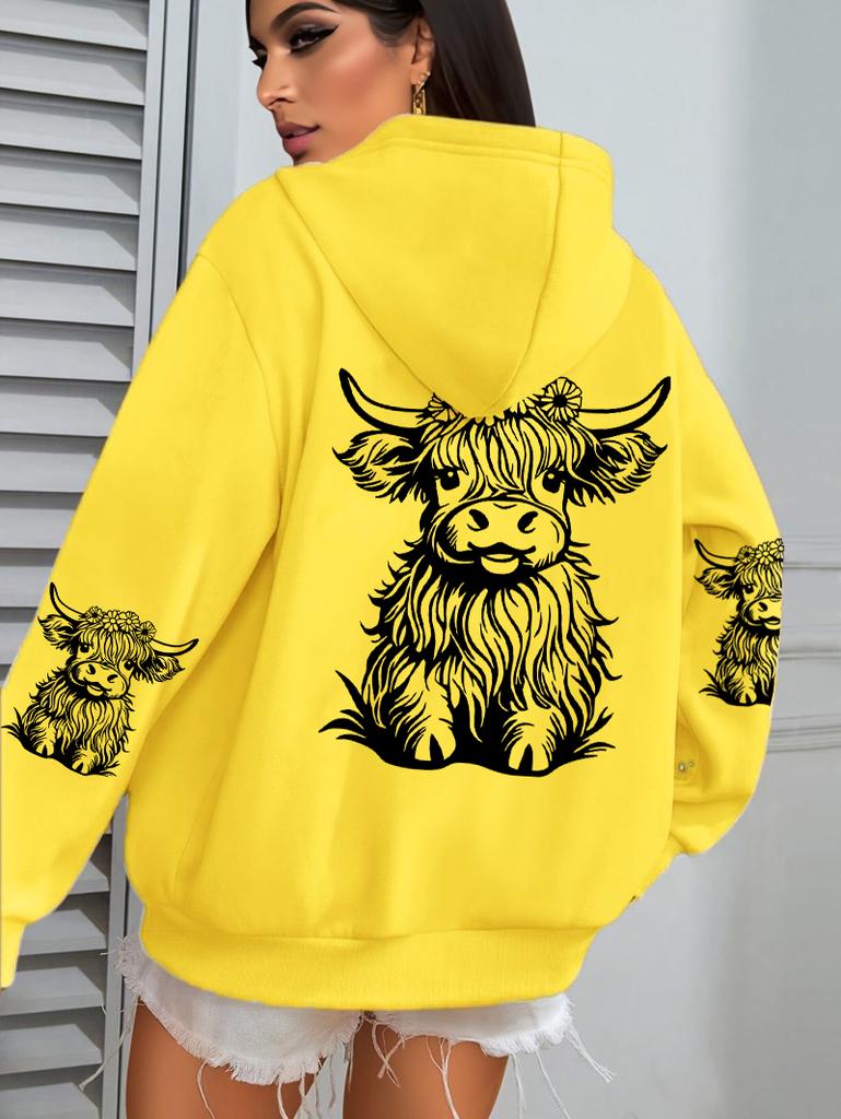 Süßer Haar-Kuh-Cartoon-Druck Kapuzenpullover Damen Fleece Herbst Streetwear Bequemer Lässiger Hoodie Y2K Tasche All-Match Kapuzenpullover