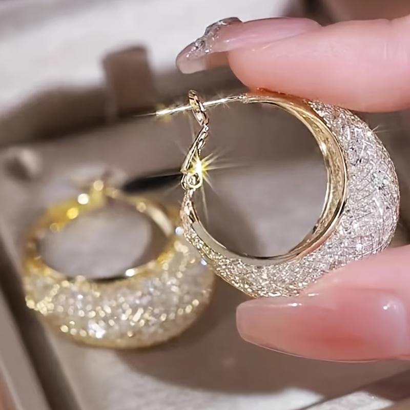 Pendientes de aro con diseño de malla brillante exagerada, joyería de hierro con incrustaciones de diamantes de imitación, estilo elegante y informal para mujer, pendientes de fiesta