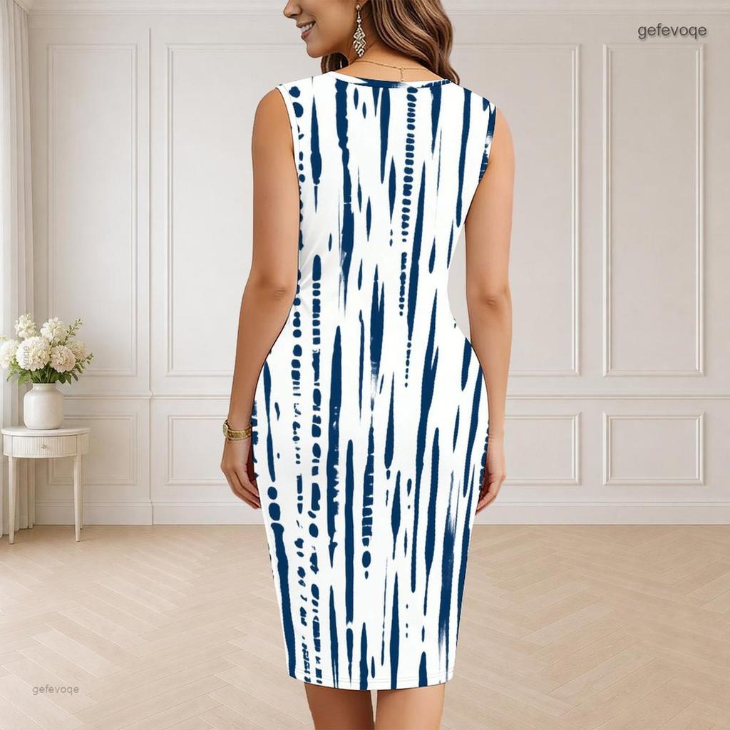 Women Plus Size V Neck Sleeveless Colorful Printed Bodycon Midi Dress