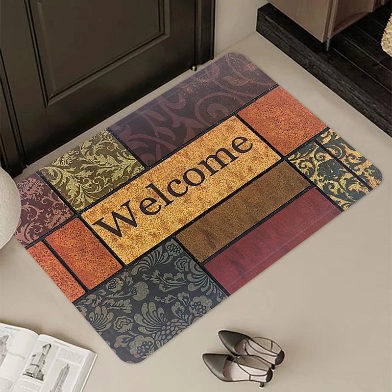 Vintage Welcome Patterned Area Rug Artistic Stone Wood Print Carpet Soft Non Slip Floor Mat For Entryway Doorway Home Decor