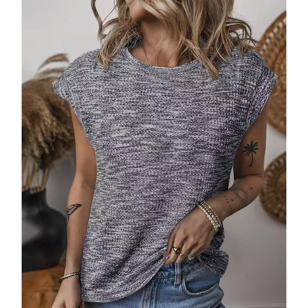 Camiseta de Moda para Mujer Primavera y Verano Moda Casual Blusa Cuello Redondo Color Sólido Suelta Camisa de Manga Corta