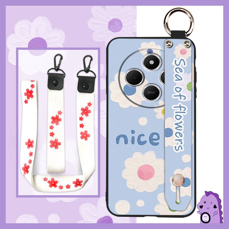 Silicone Soft case Phone Case For Redmi A4 5G Wrist Strap Ring Kickstand Flower Anti-dust Lanyard Phone Holder Durable