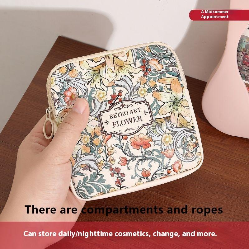 Creative Pvc Sanitary Pads Bag  Floral Print Large Capacity Multipurpose Coin Purse Portable Cosmetic Storage Bag