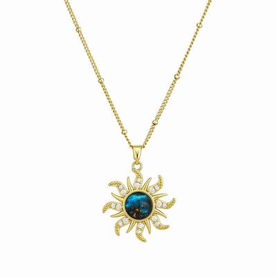 Cosmic Planet Women's Sun Copper Necklace with Zirconia Clavicle Chain and 18k Gold Diamonds