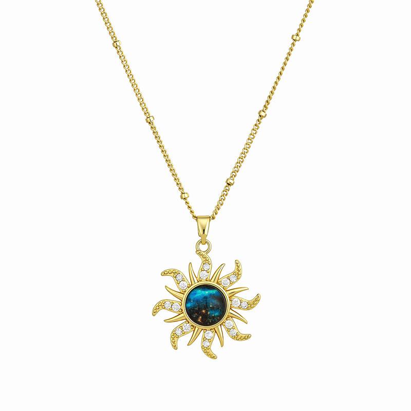 Cosmic Planet Women's Sun Copper Necklace with Zirconia Clavicle Chain and 18k Gold Diamonds