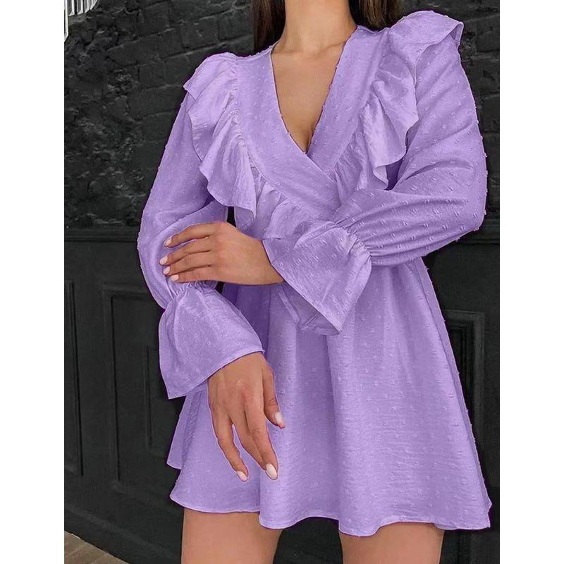 Fashion Elegant Ruffle Dress V-neck Puff Sleeve A- line Skirt V-neck Bubble Sleeve Dress