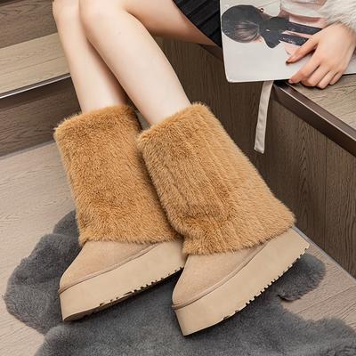 Autumn and Winter New Thick-soled Medium-tube Fluffy Boots Non-slip Velvet Cotton Shoes Cow Suede Height Increase 1cm Snow Boots Women