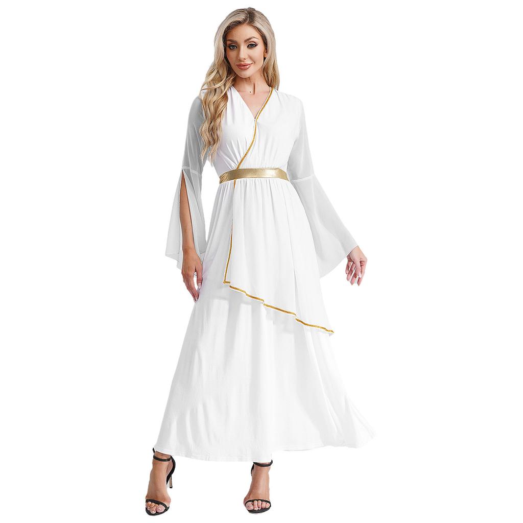 Womens Greek Costume Roman Queen Princess Ancient Toga Gown V Neck Long Sleeve Contrast Fancy Dress