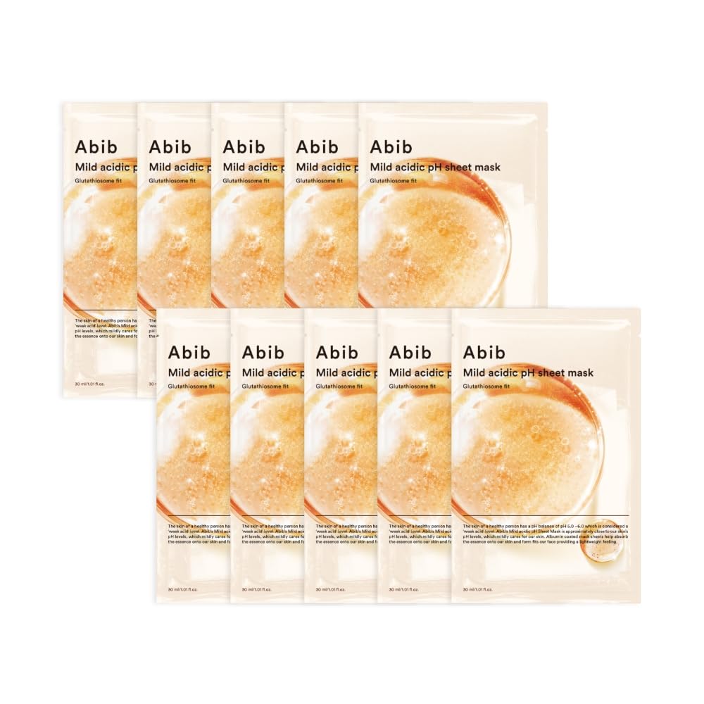 Abib Masque en Tissu Acide Faible Pack Masque en Tissu Tous Types Certains Ajustement 10 Pièces/Gomme (Feuilles de Glutathion)