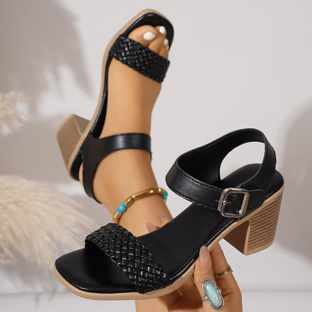 Fashion Bohemia Ethnic Weave Straps Sandals Women Square Toe High Heels Sandals Women 2025 Summer Casual Beach Ankle Strap Shoes