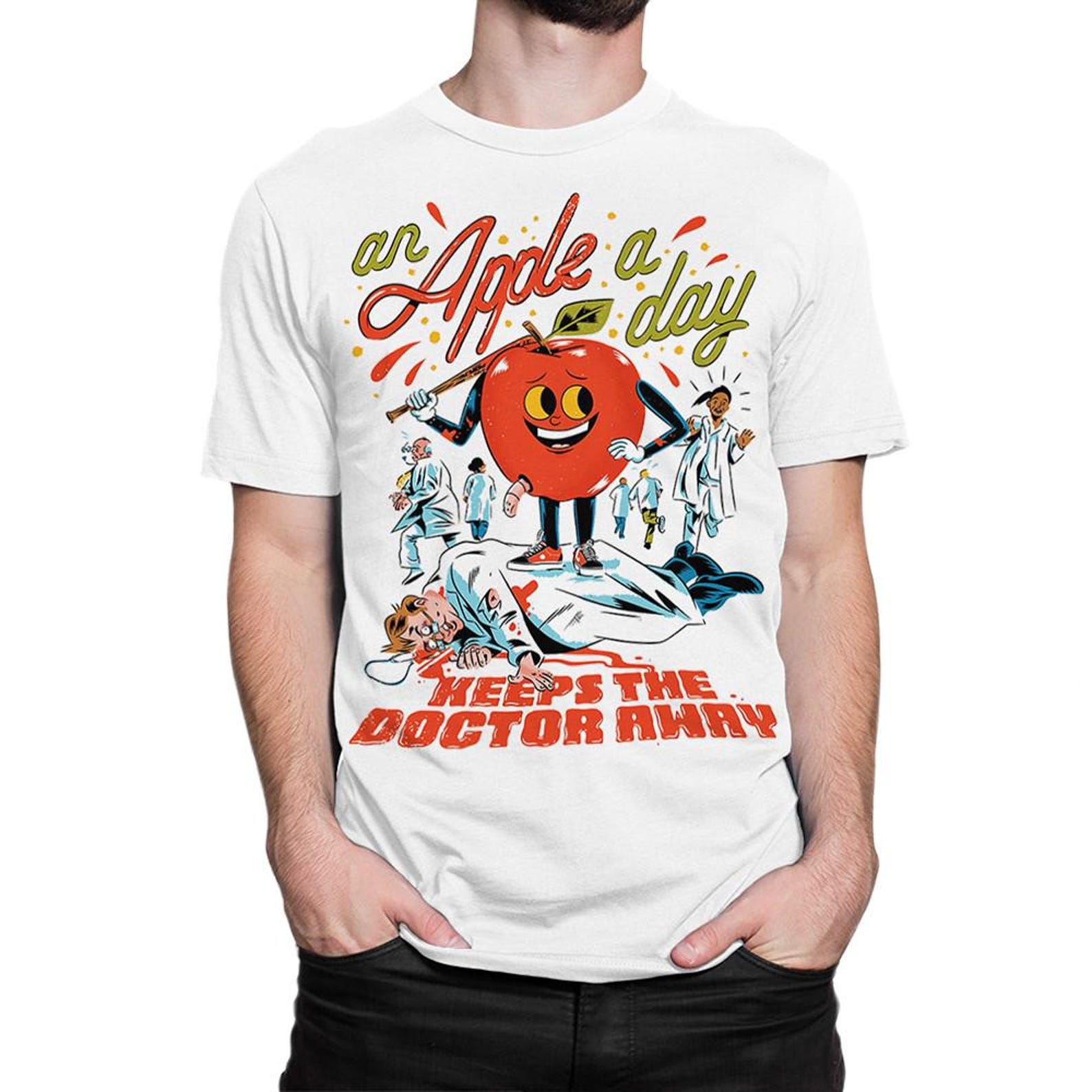 An Apple a Day Keeps the Doctor Away Original Art T-Shirt, Men s and Women s Sizes M