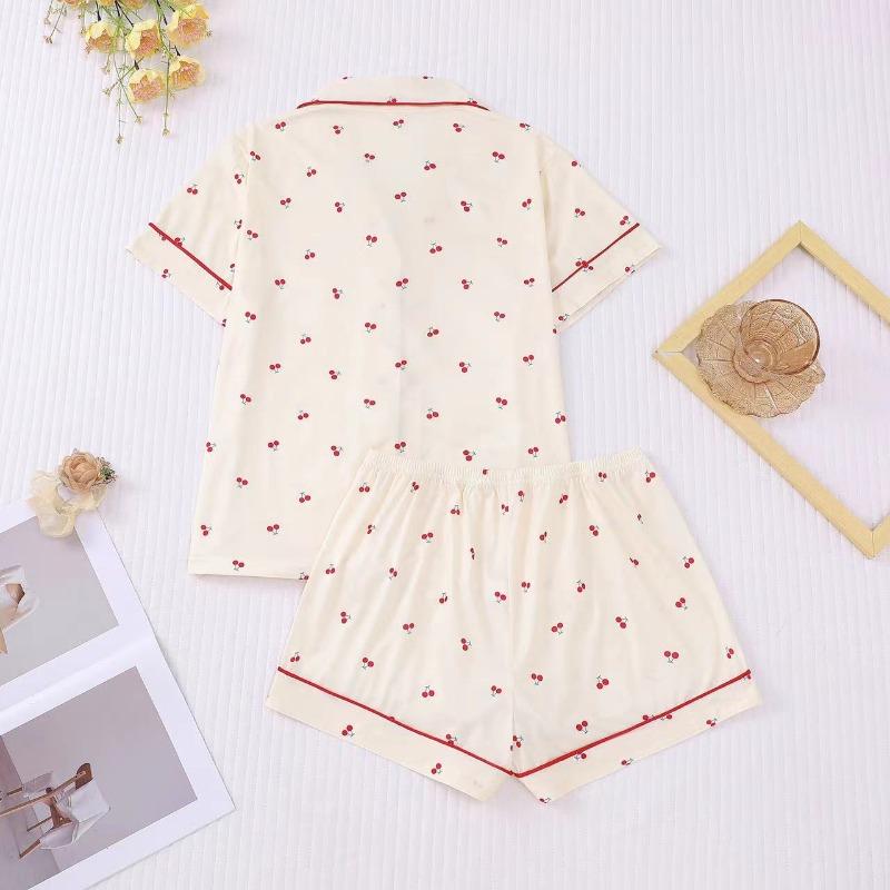 Kirschdruck Texturiertes Pyjama-Set Niedliches Kurzarm Knöpfe Revers Oberteil & Elastische Shorts Damen Nachtwäsche