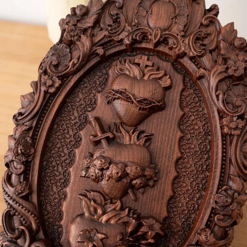 Vintage Święta Rodzina Trzy Święte Serca Chrześcijańska Sztuka Ścienna, Katolicka Statuetka Ozdoba, Drewniana Dekoracja Świąteczna Prezent