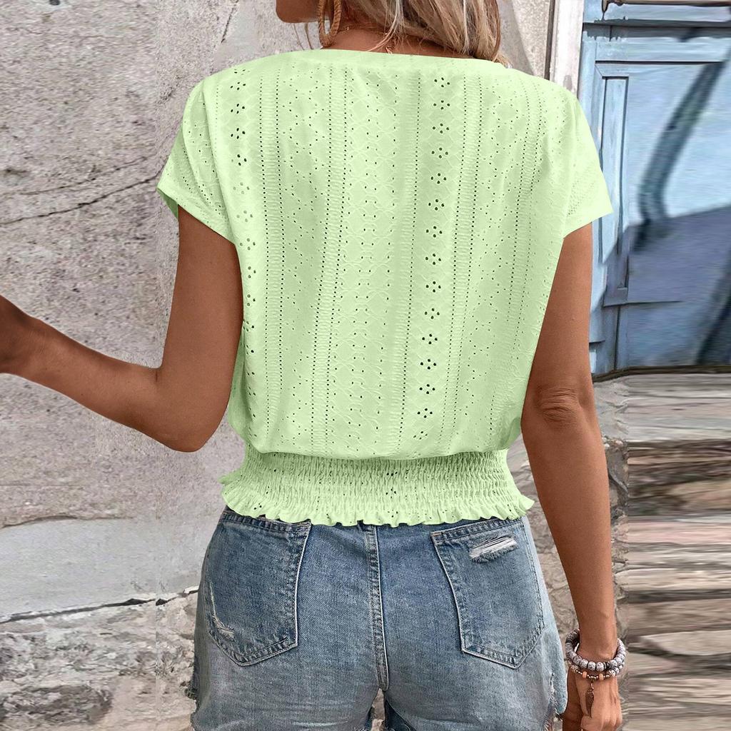 Women's Fashion V-neck Solid Color Hollow Short Sleeve Top T-shirt Summer