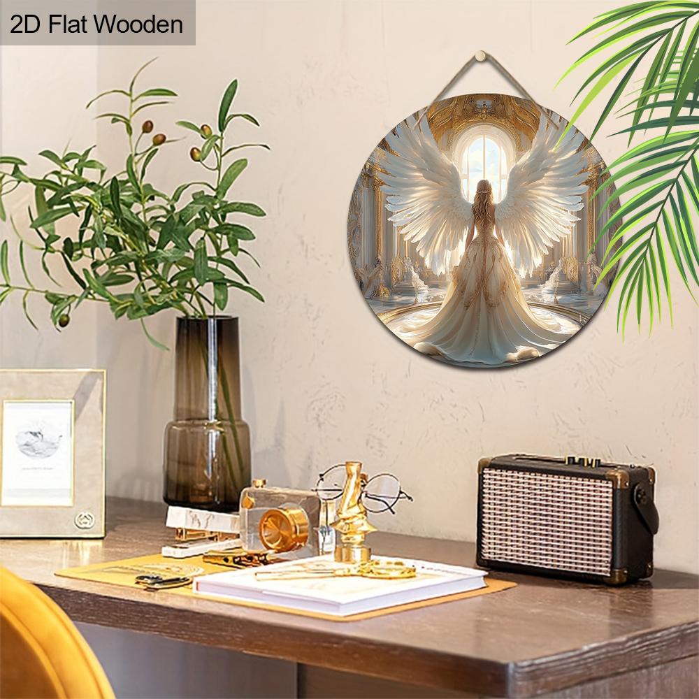 Holy Angel Wooden Sign with Gorgeous Palace Pattern - Beautiful Angel Round Artwork for Front Door Wall Home Hanging Decoration