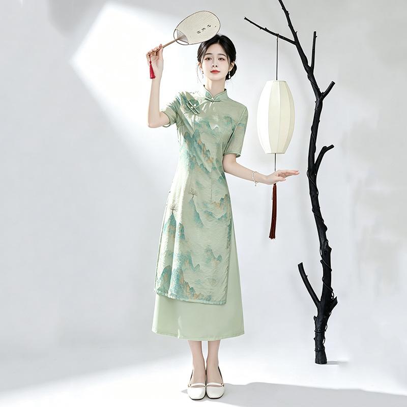 Green Odai national style new Chinese cheongsam improved young women's high-end retro short-sleeved dress spring and summer