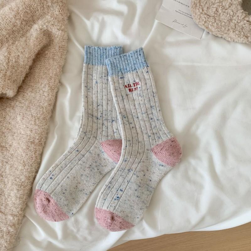 Korean Style Colorblock Thick Wool Blend Socks Women Warm Seamless Mid-Calf Crew Winter