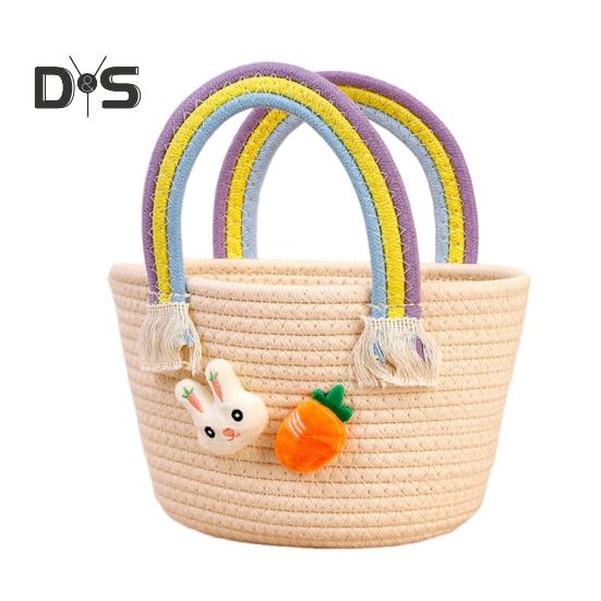 Gewebter Osterkorb mit Griff, gewebter Korb aus Baumwolle für die Eiersuche mit Hase und Karotte, leere Oster-Leckerli-Tasche für Geschenke und Süßigkeiten