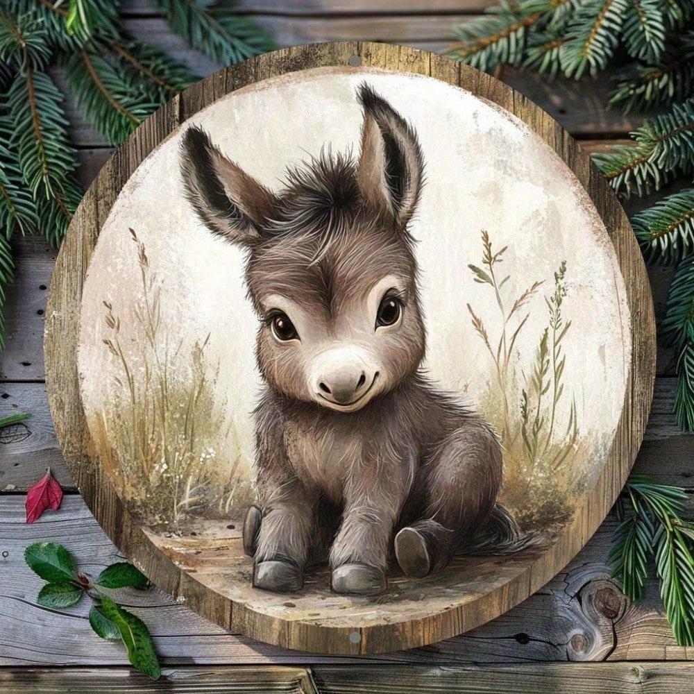 Vintage Donkey Metal Sign 8x8 Inch Retro Farmhouse Tin Round Aluminum Wall Art 2D Flat Decor for Home Bar Cafe Man Cave
