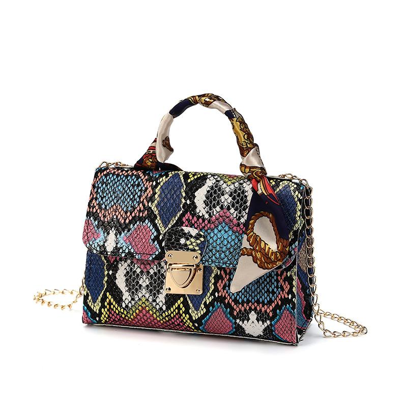 Color Snake Pattern Silk Scarf Handbag PU Chain One-shoulder Diagonal Small Square Bag