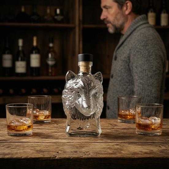 Wolfskopf Whiskey-Karaffe, 3D-Glas-Wolf-Spirituosenflasche mit Stopfen, Handgeblasener Tier-Weinspender für die Hausbar, Geschenkbox