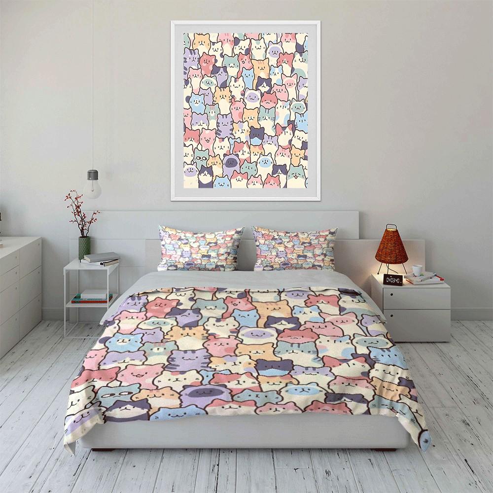 Pastel Cat Pattern Set for Decoration Exquisite Three-piece Bedding Set Gift for Kids and Adults