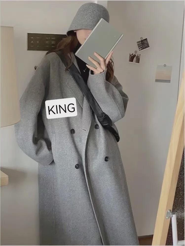 Mittellanger Wollmantel für Damen im Herbst/Winter 2023, Hepburn-Stil, lockere Passform, koreanische Mode.