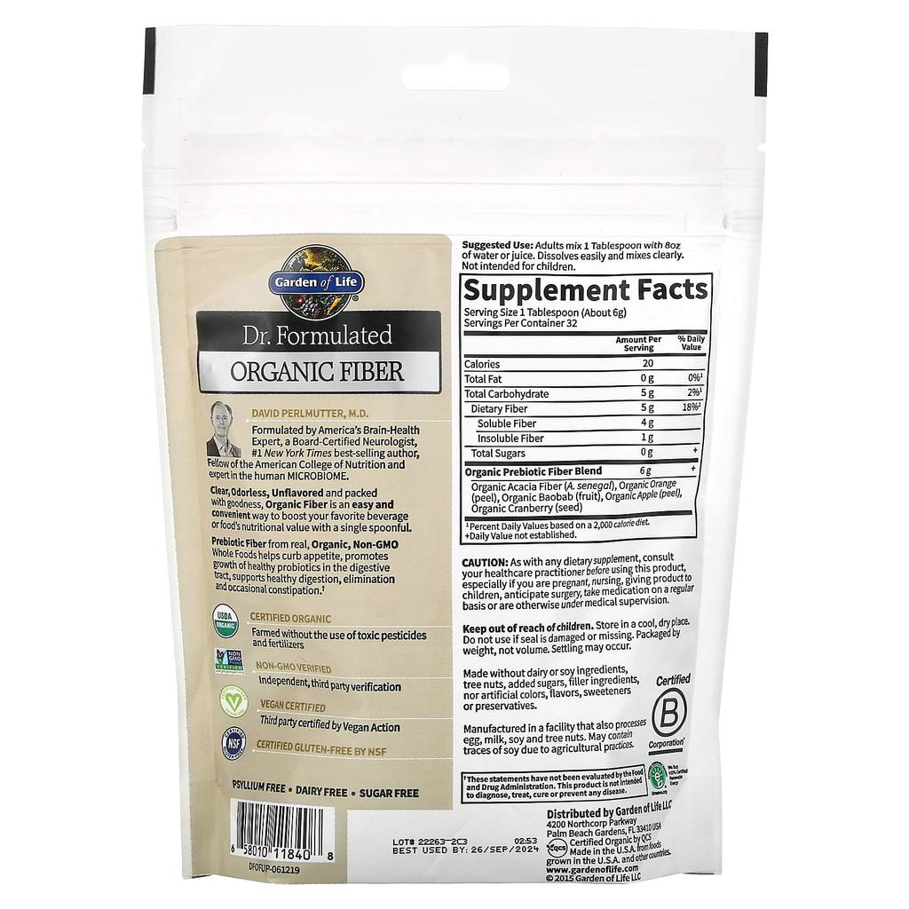 Dr. Formulated, Organic Fiber, Clear, Unflavored, 192G(6.8Oz)
