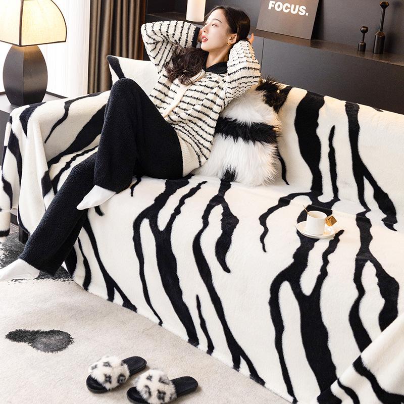 Zebra Pattern Plush Sofa Towel Autumn and Winter All-Inclusive Non-Slip Living Room Seat Cushions High-Grade Cover Cloth Thickened Winter Blanket