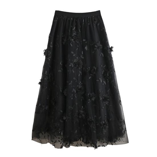 Women Midi Skirt Elastic High Waist Floral Embroidery Print Mesh Skirt Double Layered Tulle Large Hem A-Line Skirt