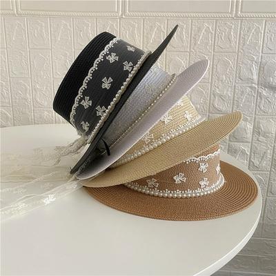 Sweet Pearl Lace Bow Straw Hat Women's Beach Hat Flat Top Straw Top Hat Sunscreen Shade Sun Hat