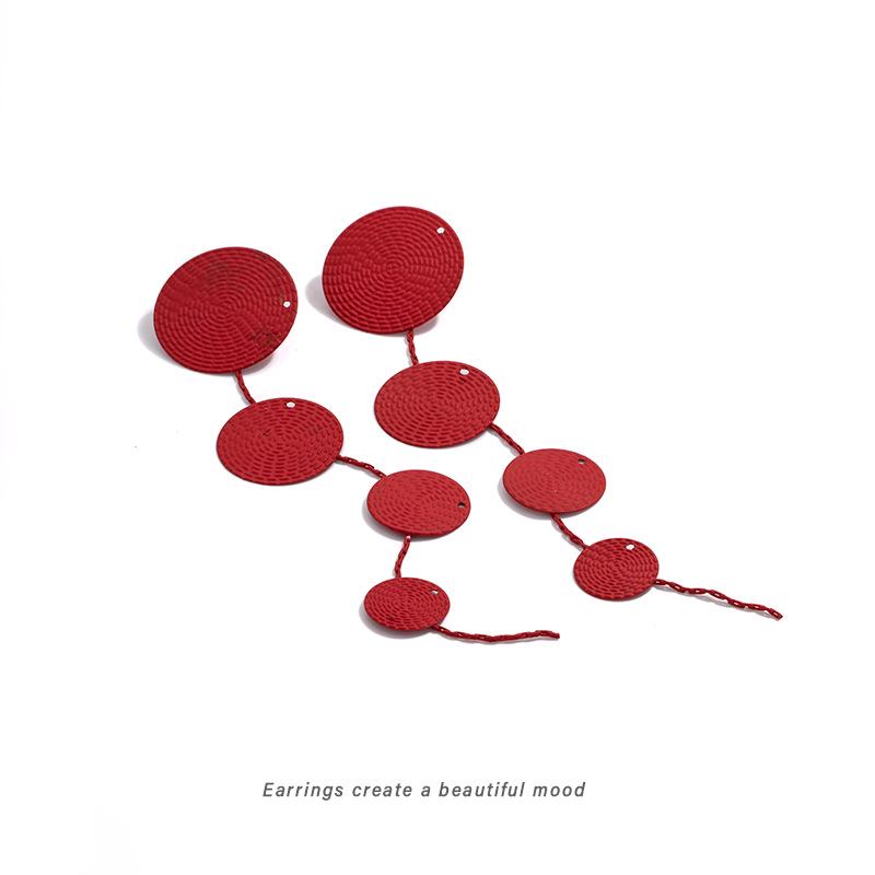 Bohemian Red Woven Round Disc Dangle Earrings for Women - Artistic Retro Ethnic Style Mosquito Coil Design.